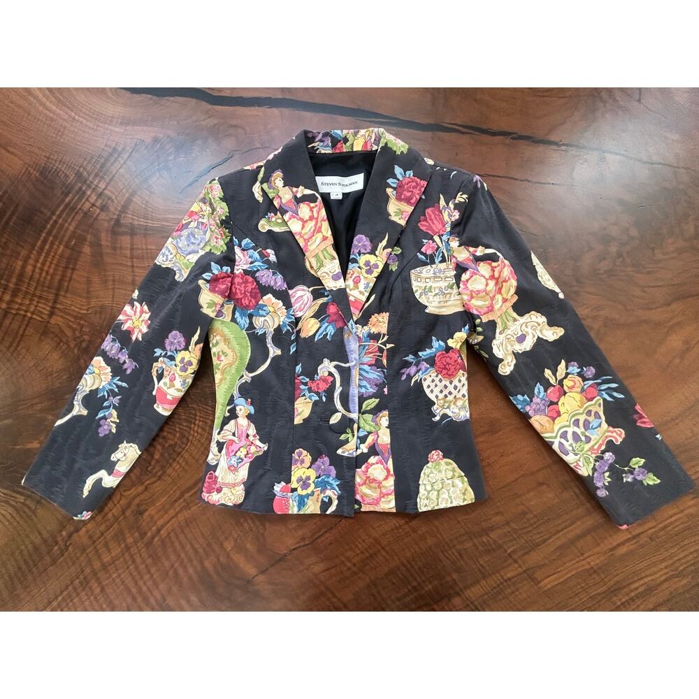 Vintage 90s Steven Stolman Italian Floral Novelty Maximalist Jacquard Blazer 4 S